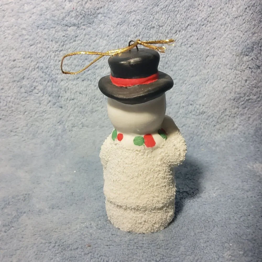 Vintage Textured Bisque Porcelain Snowman Christmas Ornament Top Hat Candy Cane